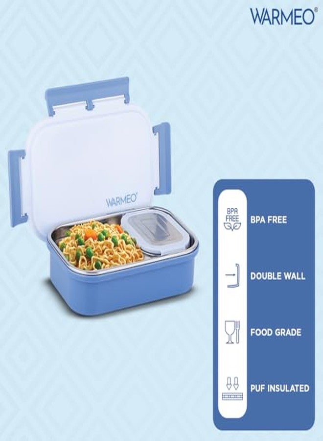 WARMEO علبة طعام وارميو أروما المصنوعة من الفولاذ المقاوم للصدأ والمعزولة حراريًا، محكمة الإغلاق، مانعة للتسرب، مزودة بغطاء بمشبك قفل، خفيفة الوزن، سهلة التنظيف، مثالية للمكتب والمدرسة والنزهات والسفر، عبوة مزدوجة (800 مل + 150 مل)، لون أزرق - Image 3